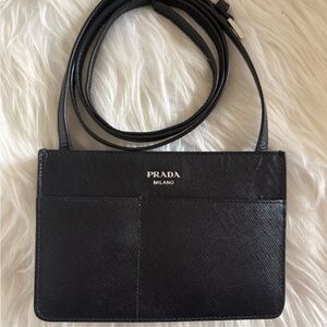 Auth Prada Saffiano Flat Phone Holder Crossbody Bag